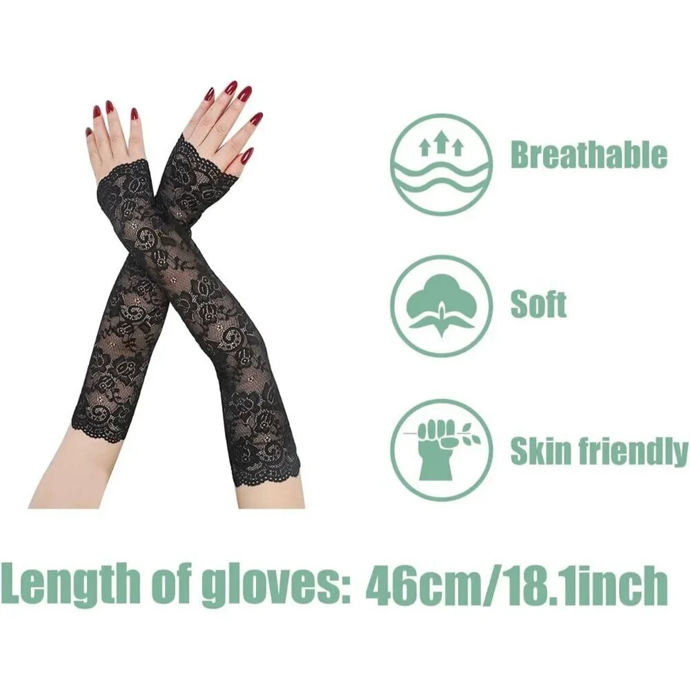 Women's A-Black Floral Lace Long Arm Sleeves Hollow Fingerless Gloves Design